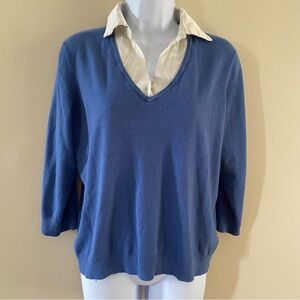 VIN Jaclyn Smith Blue & Ivory Lightweight Sweater Faux Collar Large 3/4 Sleeves